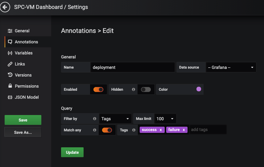 Annotation Settings with deploy results